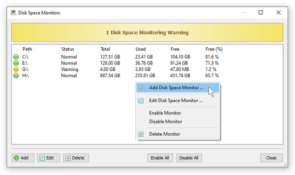 DiskSorter Server Add Disk Space Monitor